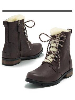Sorel Womens Emelie Short Lace Cozy Waterproof Leather Boot Blackened Brown US 8